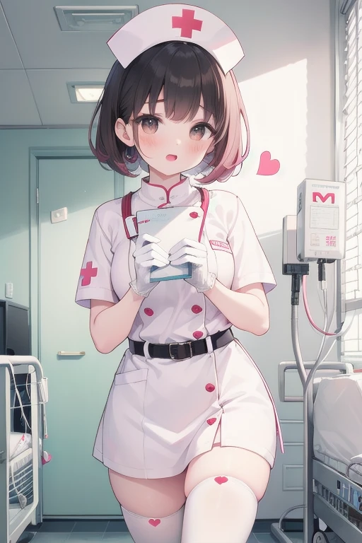 1girl, solo, nurse, nurse cap, white wear, ((white legwear, zettai ryouiki)), white gloves, pink hair, drooping eyes, ((covered nose)), standing, ((hospital room)), sharp outline, short sleeves, best quality, masterpiece,Fleshy,Brown eyes,Fleshy,Black hair,happy,lol,Heart,belt,Black clothes