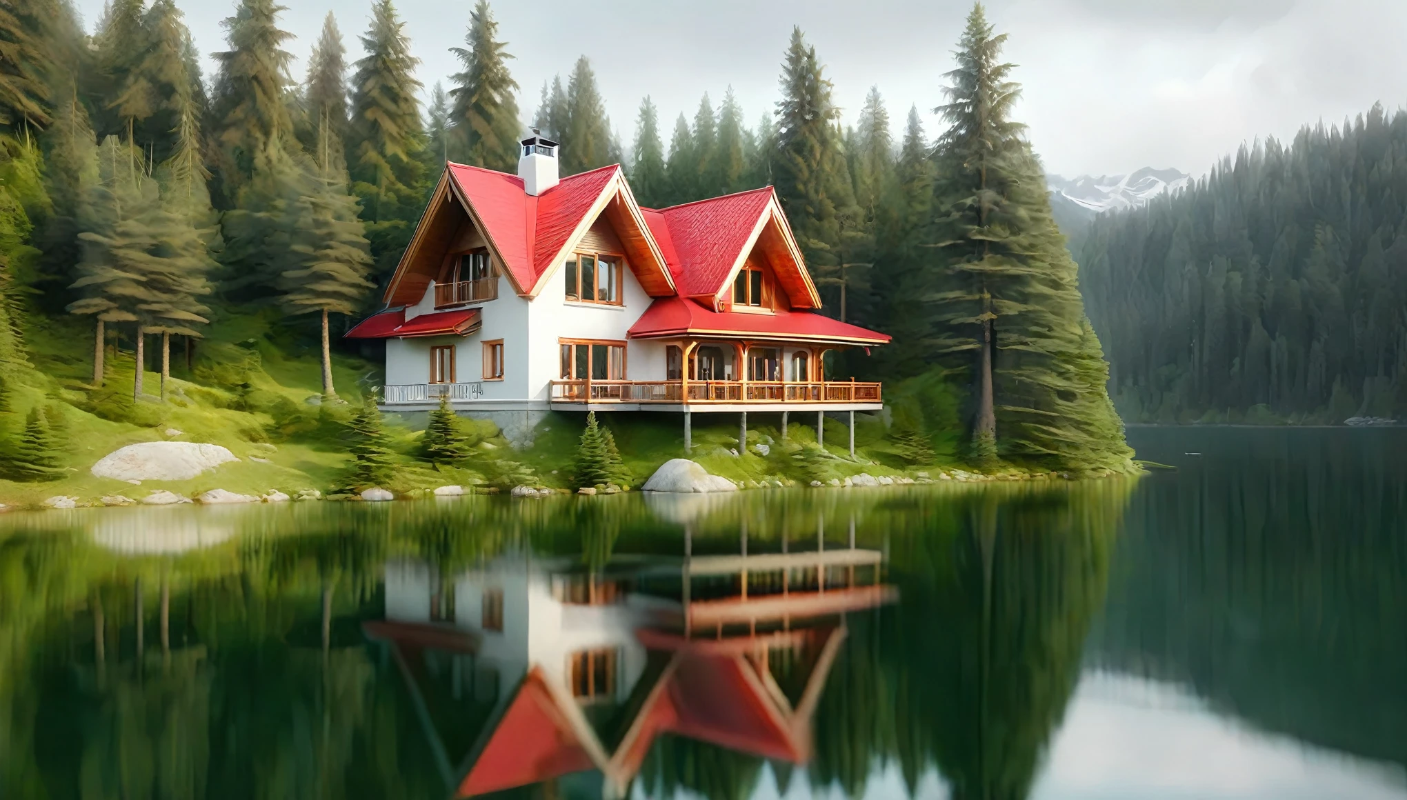 a serene lakeside chalet nestled in a dense forest. The detailed ornate multi-story chalet is characterized by its white exterior with wooden balconies and a striking red roof. The building has a symmetrical design with three prominent gables. It is situated at the edge of a clear, reflective lake that mirrors the chalet and the surrounding greenery. The lush forest consists of tall, verdant pine trees of varying shades of green, creating a tranquil and secluded atmosphere. The water is calm, enhancing the reflection effect. The sky is overcast, casting a soft, diffused light over the scene, emphasizing the natural beauty and tranquility of the location.
