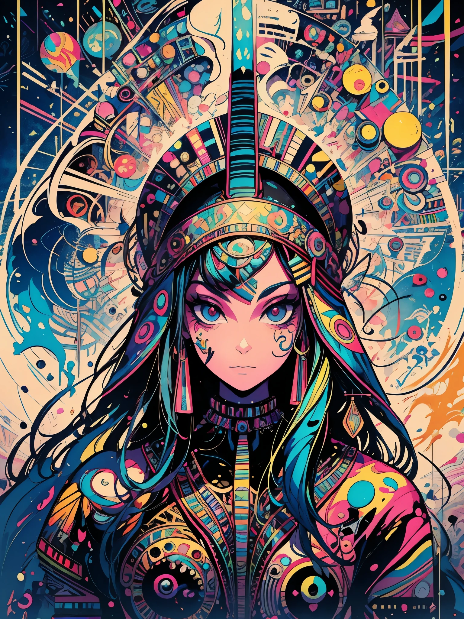 psychedelic painting, Psychedelic characters, psychedelic scene, Psychedelic world, Egyptian art, estilo futurista, psychedelic artist, efeito de pintura realista, qualidade de pintura realista, Qualidade da imagem, custom authoring style, pintura personalizada, two arms