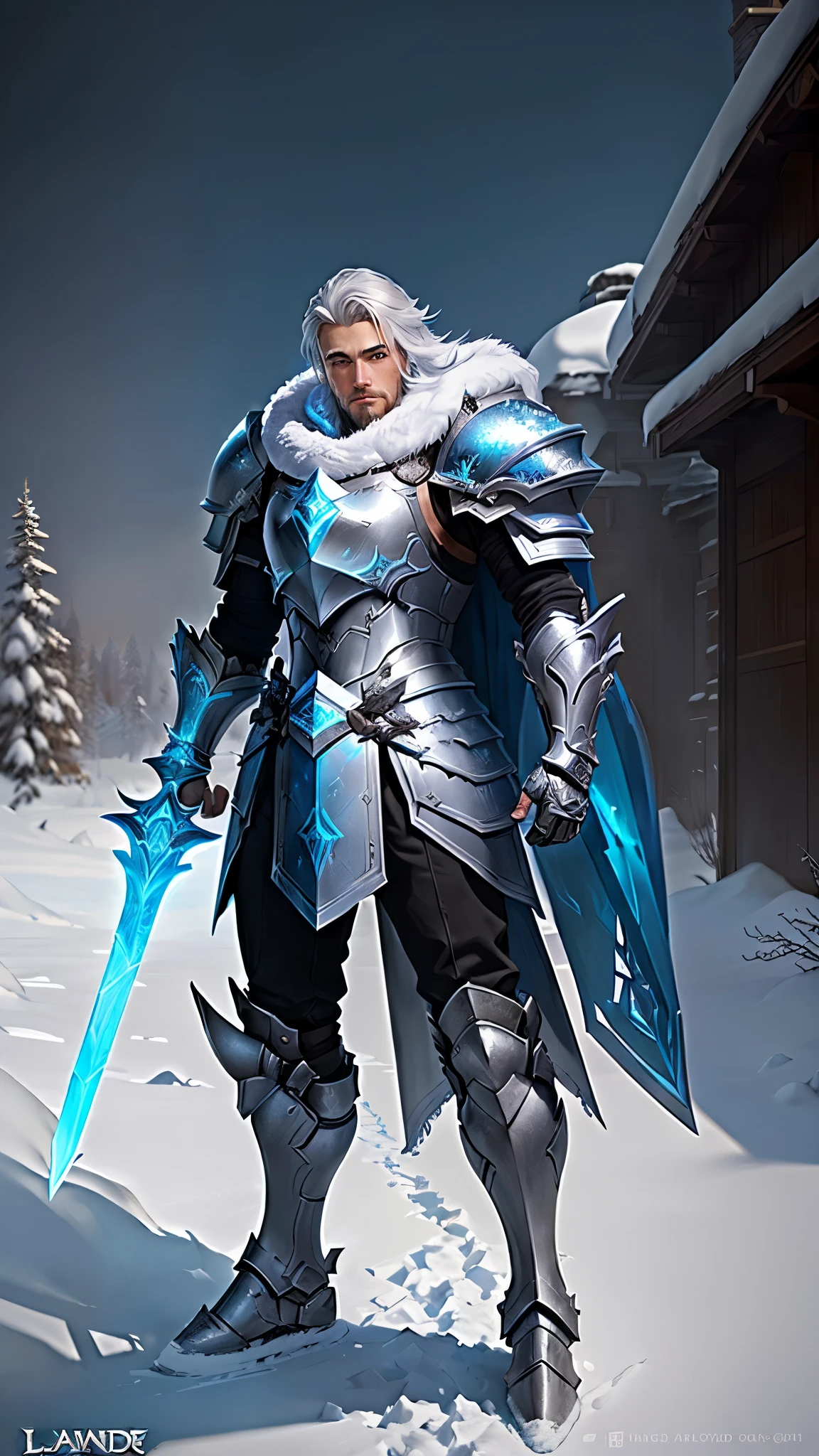 a man in armor standing in the snow with a sword, armor made of ice, ice crystal armor, league of legends concept art, winter concept art, trendin on artstation, league of legends style art, league of legends character art, league of legend illustration, arcane jayce, league of legends art style, blue and ice silver color armor