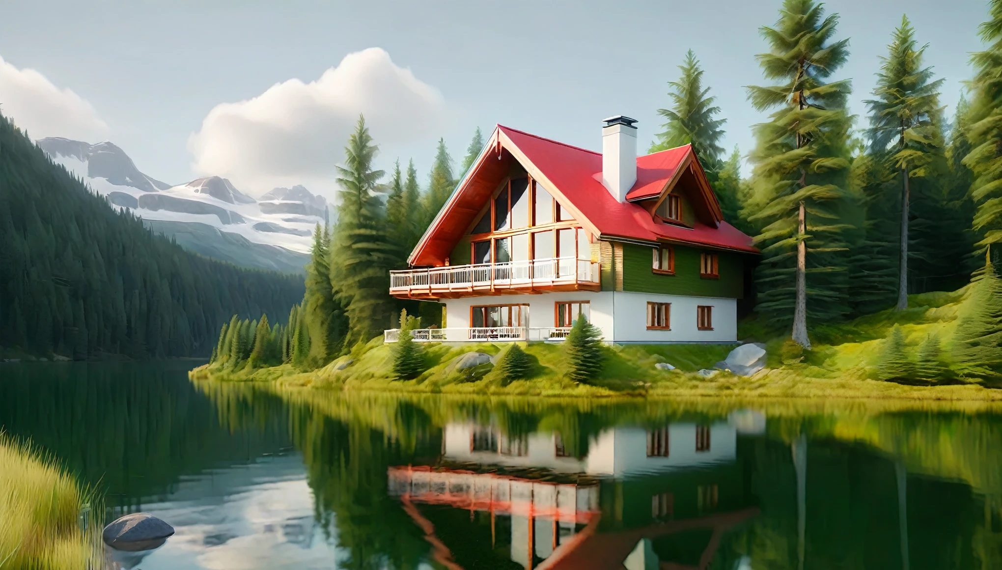 a serene lakeside chalet nestled in a dense forest. The detailed ornate multi-story chalet is characterized by its white exterior with wooden balconies and a striking red roof. The building has a symmetrical design with three prominent gables. It is situated at the edge of a clear, reflective lake that mirrors the chalet and the surrounding greenery. The lush forest consists of tall, verdant pine trees of varying shades of green, creating a tranquil and secluded atmosphere. The water is calm, enhancing the reflection effect. The sky is overcast, casting a soft, diffused light over the scene, emphasizing the natural beauty and tranquility of the location.