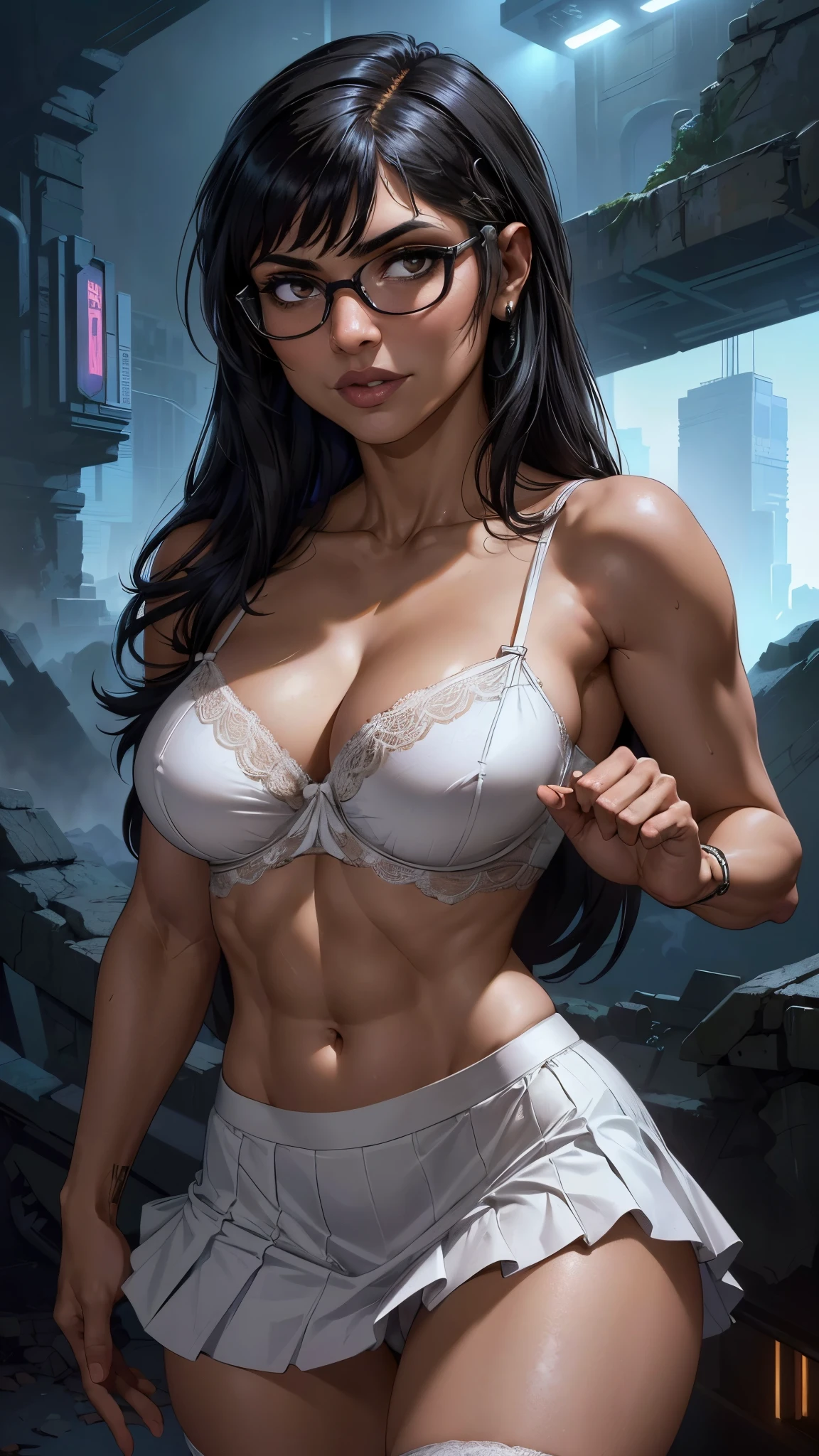 (La mejor calidad,A high resolution,Ultra - detallado,actual),Mia Khalifa en lingerie white baby Doll, (mini skirt negro :1.4),(top corto amarillo :1.4), Camisola con bordado floral boho, ,(Fondo de ruinas de mazmorra en ruinas cyberpunk :1.4 ), More detailed 8K.motor irreal:1.4,UHD,La mejor calidad:1.4, fotorrealista:1.4, textura de la piel:1.4, obra maestra:1.8,obra-prima, mejor calidad,objeto Objeto], (detailed face features:1.3),(Las proporciones correctas),(Ojos hermosos azules),  (pose vaquero), (Mia Khalifa:1.4), (Mia Khalifa V2.1), (perfect anatomy :1.4), (cinematic lighting :1.4), (dynamic cowboy pose), (estilo encaje lingerie white :1.4), (skirt lifted by itself: 1.1), (skirt lift: 1.3), (showing white panties: 1.3), (Mia Khalifa realistic face V2.1 ) 