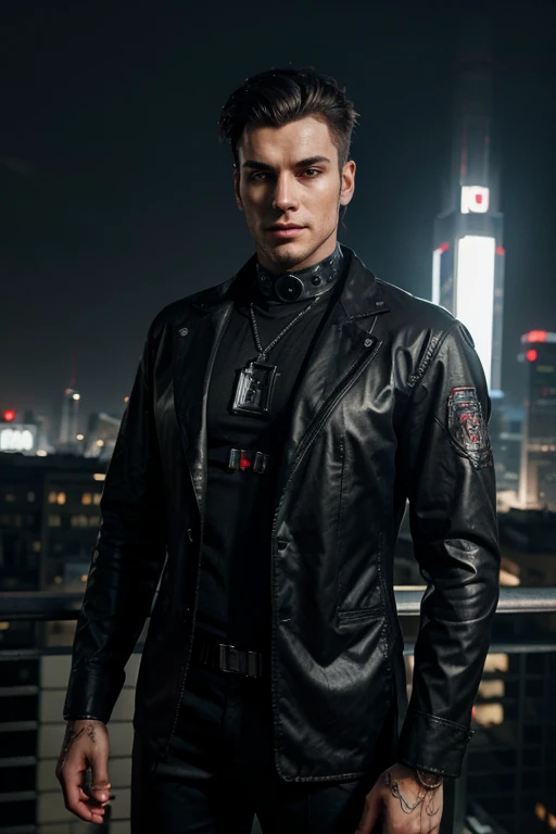 Young man in cyberpunk style suit with robotic implants, handsome with an evil face and elegant