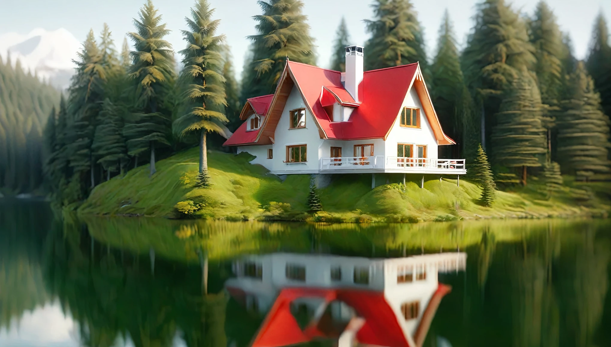 a serene lakeside chalet nestled in a dense forest. The detailed ornate multi-story chalet is characterized by its white exterior with wooden balconies and a striking red roof. The building has a symmetrical design with three prominent gables. It is situated at the edge of a clear, reflective lake that mirrors the chalet and the surrounding greenery. The lush forest consists of tall, verdant pine trees of varying shades of green, creating a tranquil and secluded atmosphere. The water is calm, enhancing the reflection effect. The sky is overcast, casting a soft, diffused light over the scene, emphasizing the natural beauty and tranquility of the location.