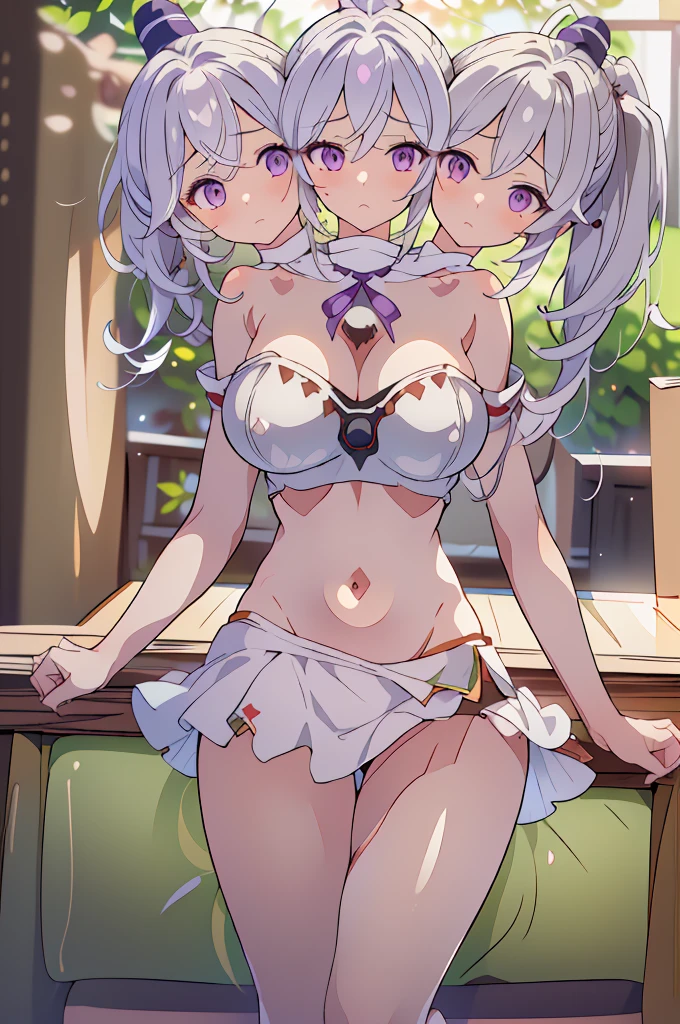 (masterpiece, best quality), best quality, best resolution, (ultra-detailed), (3heads:1.5), 1girl, (monobe no futo:1.3), masterpiece, best quality, ultra quality, ultra resolution, ultra detail, white top, crop top, ((stomach)), midriff, ((groin)), white-purple skirt, normal ears, shackles, grey hair, very long hair, wavy hair, sidelocks, grey eyes, detailed eyes, parted lips, open belly, sweat, cute, toned belly, hand on own chest, eyelashes, (24 year old woman:1.3), (masterpiece:1.5), (best quality:1.5), (beautiful detailed extremely detailed CG, extremely delicate and beautiful, depth of field, (finely detailed face), (perfect details:1.2), (mature female:1.3), wide pelvis, slender, large veiny breast, 16k resolution, highres, high quality, high definition, extremely detailed, masterpiece, best quality, grey hair, long hair, alluring presence, braid, short skirt, close up, big tits, young, japanese clothes, kariginu, ponytail,