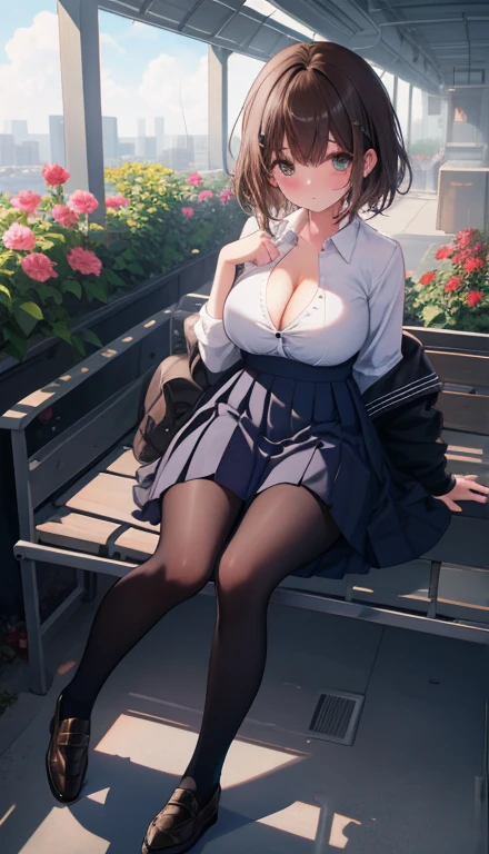 One Girl、Positive、From above、Full body portrait、Brown haired、Medium Haircut、blush、Absolute area、Knee socks、stockings、pantyhose、lace pantyhose、White underwear、Cleavage、Light blue cut shirt、Unbutton your shirt、Shirt buttons fly off、Navy blue checkered pleated skirt、Very short skirt、garden、Daytime、(Very big boobs)、((Full Body Lesbian))、masterpiece、(highest quality)、Panties around the ankles、loafers、The wind blows up my skirt