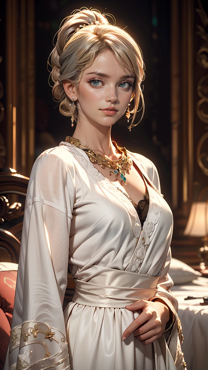 (highest quality, masterpiece:1.2), Ultra-high resolution, Realistic, Front lighting, Intricate details, Exquisite detail and texture, One girl, alone ,(young), Facial highlights, Upper Body, Detailed face, Teardrop Mole, white skin, Silver Hair, ponytail, Braid, View Viewer, Big eyes, silk robe, (Hollow pattern, white, silk), Earrings, Small breasts, The body is slim, Luxury Room, Professional Lighting, Photon Mapping, Radio City, Physically Based Rendering
