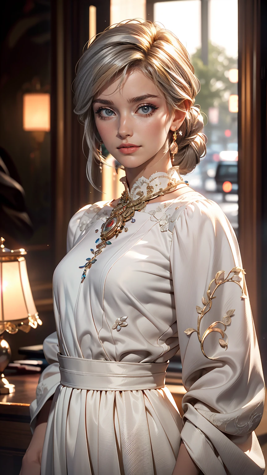 (highest quality, masterpiece:1.2), Ultra-high resolution, Realistic, Front lighting, Intricate details, Exquisite detail and texture, One girl, alone ,(young), Facial highlights, Upper Body, Detailed face, Teardrop Mole, white skin, Silver Hair, ponytail, Braid, View Viewer, Big eyes, silk robe, (Hollow pattern, white, silk), Earrings, Small breasts, The body is slim, Luxury Room, Professional Lighting, Photon Mapping, Radio City, Physically Based Rendering