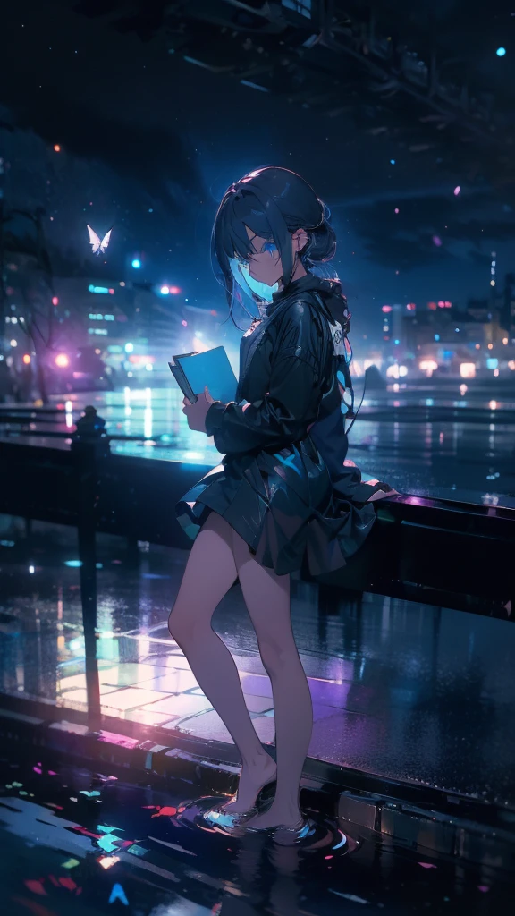 1 anime girl, alone,,Black petals flutter, A mysteriously shining butterfly.city,thin legs,Gloomy cloudy sky,sad expression,very clear,highest quality,city,standing on the street corner,blue gem eyes,,close up of face,Sit in the water,barefoot,holding a book in hand,Sit down