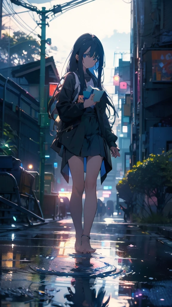1 anime girl, alone,,Black petals flutter, A mysteriously shining butterfly.city,thin legs,Gloomy cloudy sky,sad expression,very clear,highest quality,city,standing on the street corner,blue gem eyes,,close up of face,Sit in the water,barefoot,holding a book in hand,Sit down