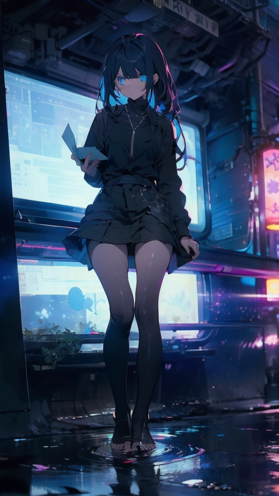 1 anime girl, alone,,Black petals flutter, A mysteriously shining butterfly.city,thin legs,Gloomy cloudy sky,sad expression,very clear,highest quality,city,standing on the street corner,blue gem eyes,,close up of face,Sit in the water,barefoot,holding a book in hand,Sit down