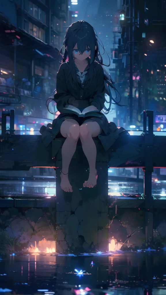 1 anime girl, alone,,Black petals flutter, A mysteriously shining butterfly.city,thin legs,Gloomy cloudy sky,sad expression,very clear,highest quality,city,standing on the street corner,blue gem eyes,,close up of face,Sit in the water,barefoot,holding a book in hand,Sit down
