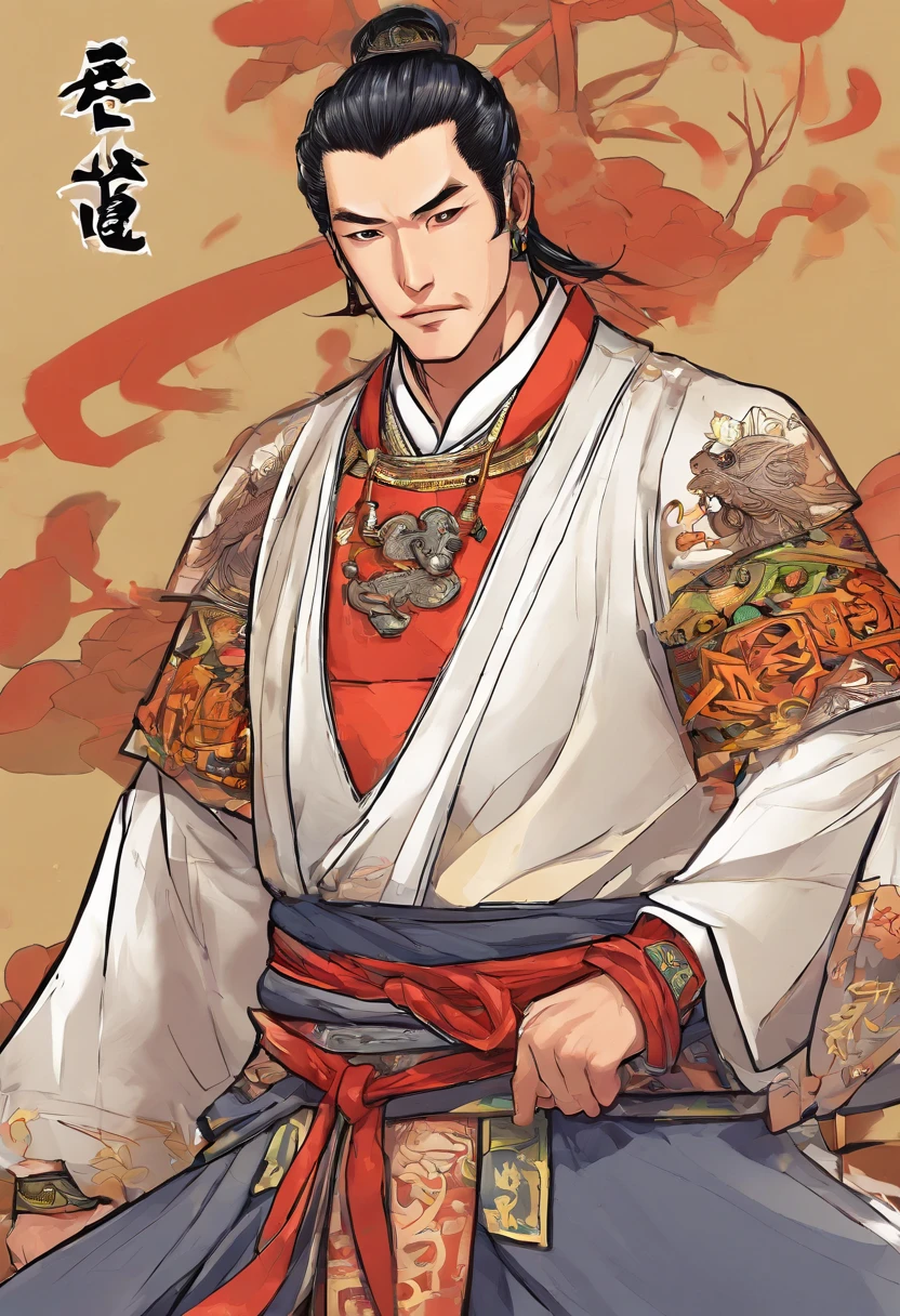 Ancient Chinese man in armor、Clever man、Looking into the camera、His hair is in a bun、Only one topknot、Black Hair、Stand and pose、Pixel art、(masterpiece, highest quality, highest quality), pixel,pixel art,whole body,Characters in Romance of the Three Kingdoms、Transform、Short Deformation、The head is decorated with white embroidery...、Handsome man in trousers