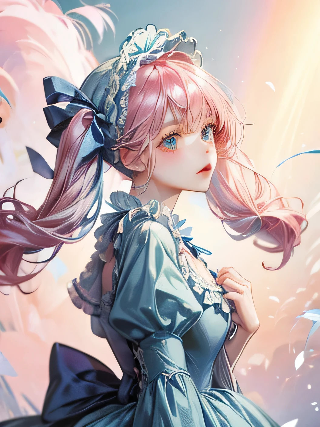 Lolita、Wearing a blue bonnet、Pink Hair、Fluffy hair、The whole body enters、No background、Twin tails、Blue dress