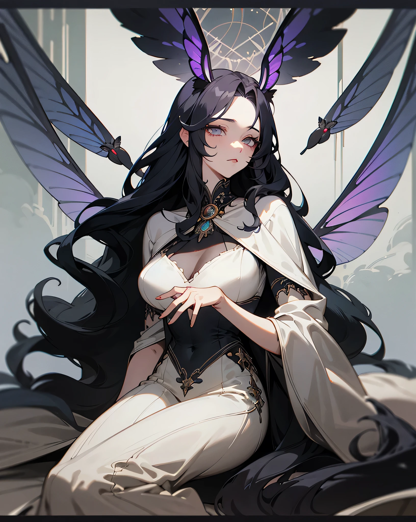 1girl thirty years old, monster woman, solo, soothsayer, extremely delicate and seductive, mature, soothsayer dress, deep eyes, white eyes, long black purple wavy hair, delicate feather skin, insect moth wings, moth antennas, neck furr, moth woman, mature female, mesmerizing intricate dress, embroidery, dark evil scenery, heavy flora, mystic atmosphere, monster girl, richly dressed with cape and hood, insect girl, masterpiece, best quality, 8K, tarot cards