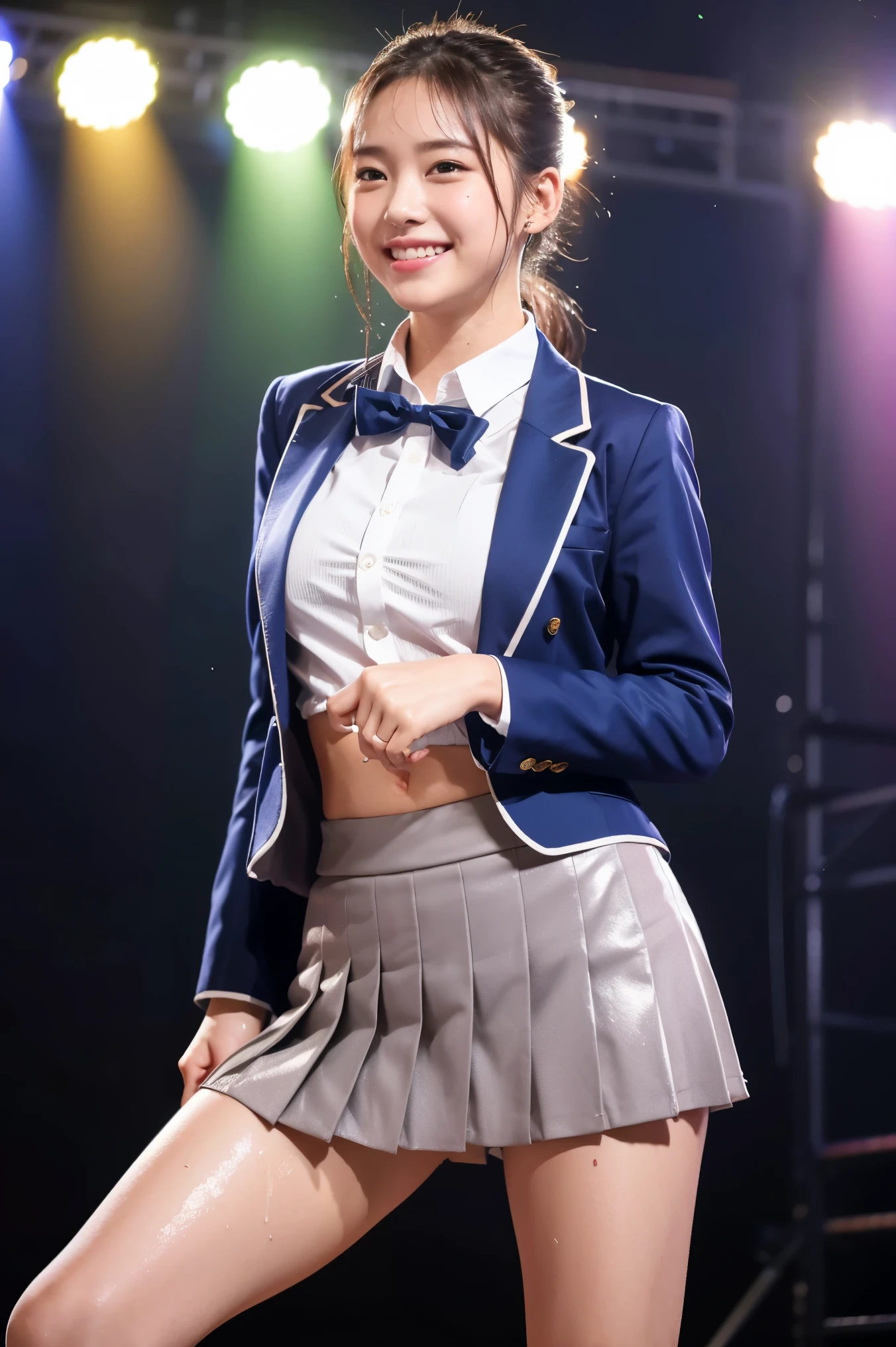 (8k), (highest quality: 1.2), (Realistic), (Realistic: 1.37), Ultra-high resolution, 1 girl, cute, (Embarrassed smile:1.2), (Blushing:1.4)Mouth closed, Beautiful details, Beautiful Nose, Wet Hair, ponytail ,Giant Dulcefo, pork, Thighs,Navel exposed,University Student Uniform,A simple blazer,Pleated skirt,Platform boots,Dancing on the school stage,(Shiny legs:1.2),Medium Shot,(Thick thighs:1.2),Super Low Angle,My whole body is wet with sweat,Dance vigorously,