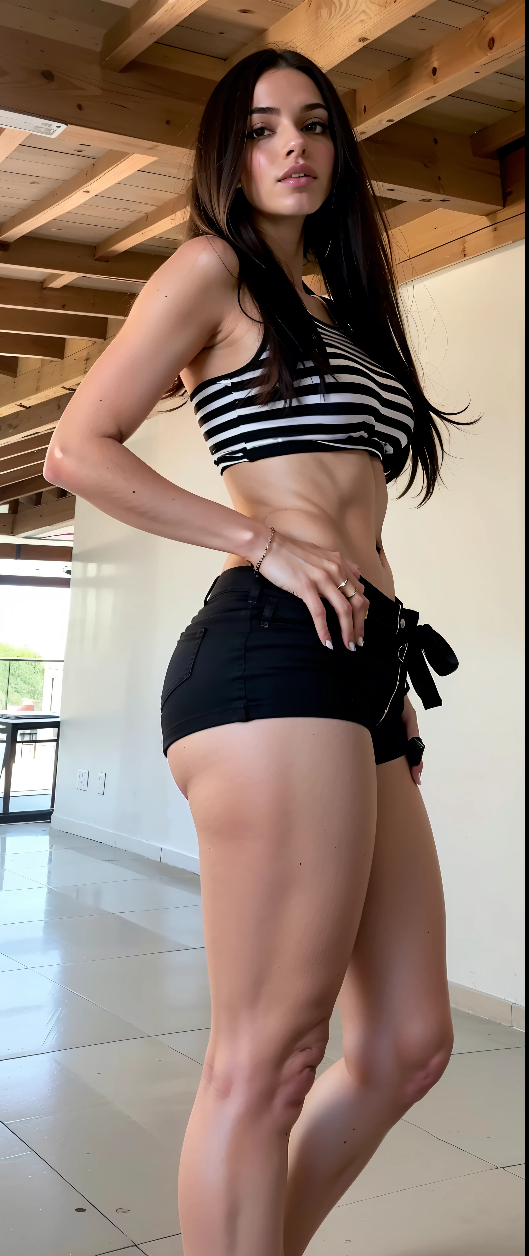 Mujer araffe con blusa a rayas y pantalones cortos negros posando para una foto., en pantalones cortos, tiro desde la mitad de la cintura para arriba, shorts de saque, pantalones cortos negros sexy, cintura - tiro, vistiendo pantalones cortos negros, chica sexy con pantalones cortos, buenas caderas y piernas largas, blusa negra ajustada y pantalones cortos, Cuerpo perfecto, cerca de un flaco, Muslos, apta, piernas tonificadas