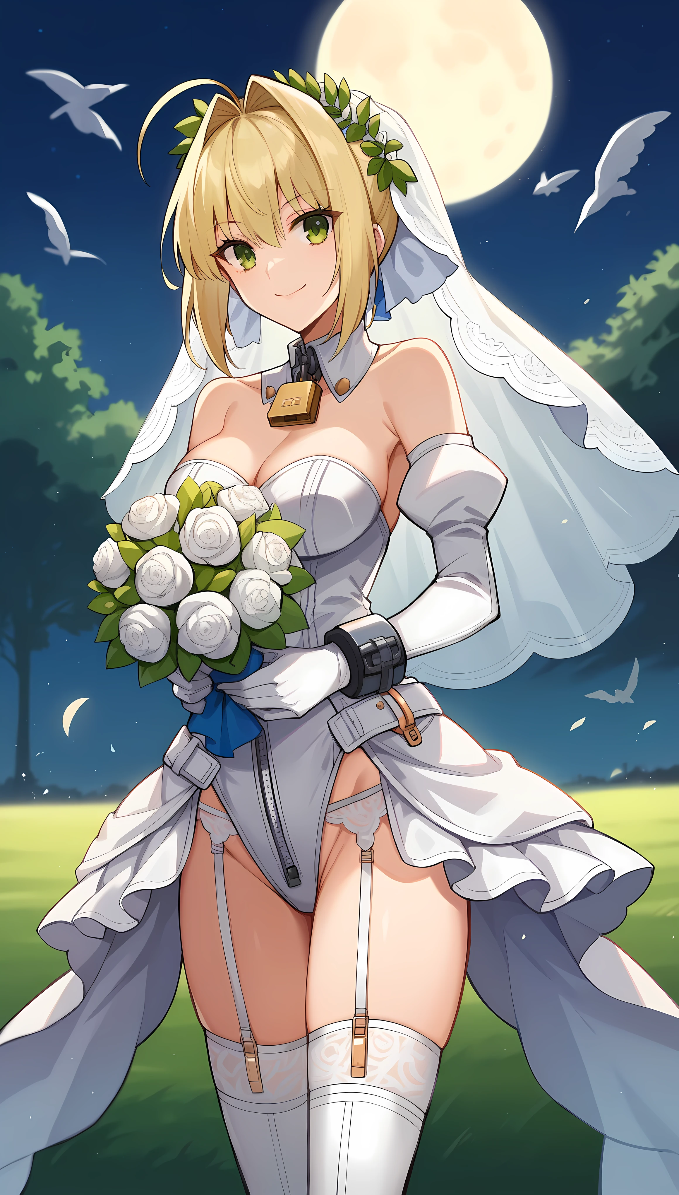 score_9, score_8_up, score_7_up, score_6_up, source anime,nero claudius \(bride\) \(fate\), nero claudius \(bride\) \(second ascension\) \(fate\), masterpiece, best quality, highres, aanero, ahoge, head wreath. bridal veil, green eyes, detached collar, chain, padlock, bare shoulders, strapless, white leotard, white dress, zipper, detached sleeves, white gloves, white belt, garter straps, white thighhighs, garter belt,holding bouquet, smile, night, field, moon, standing