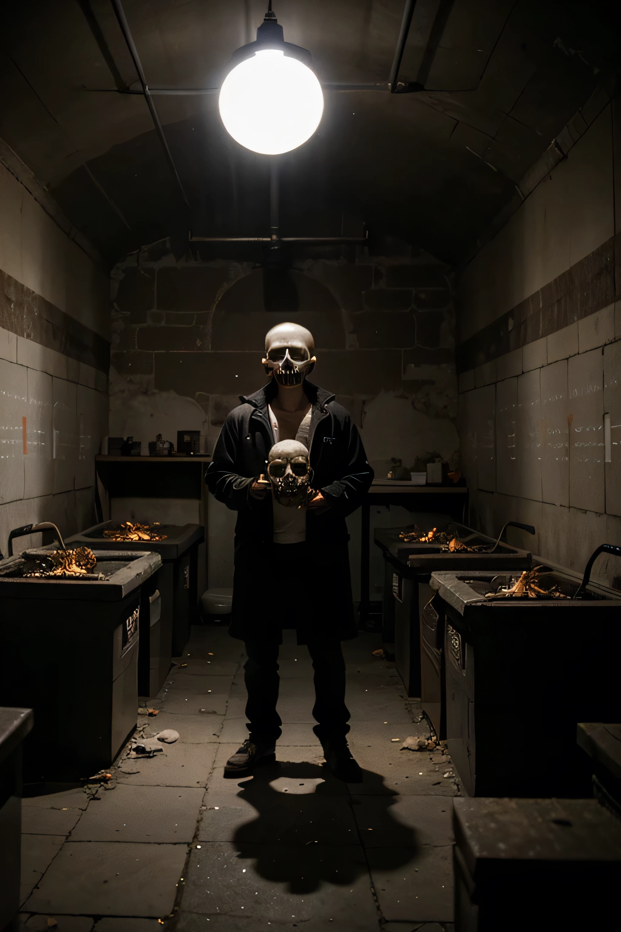 man stands in a crematorium at night, holding a skull in his hand