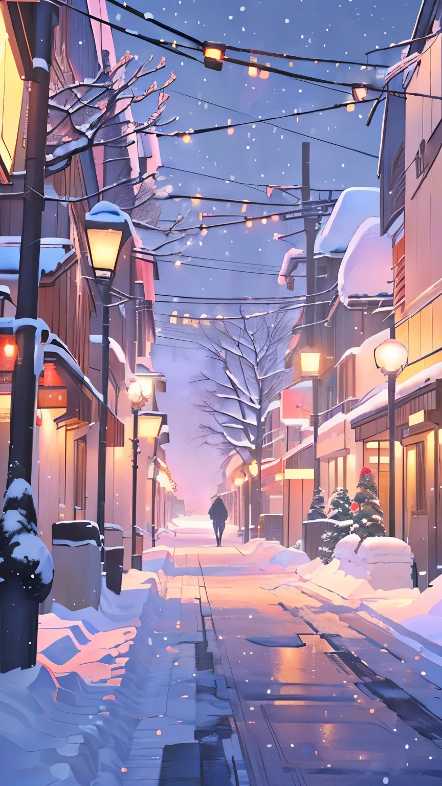 snow street scene with street lamps and a person walking down the street, Thick winter aesthetics, snow. author:Shinkai Makoto, Anime Background art, Beautiful anime scene, snow winter, Anime Background, snow night, beautiful Anime Landscape, Winter snow, Winter concept art, Anime Landscape, Shinkai Makoto风格, snow winter christmas night