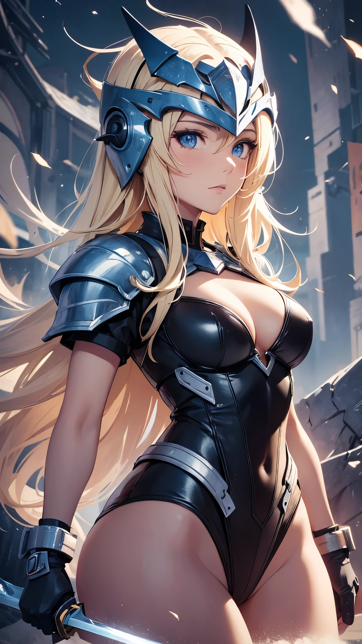 1 30-year-old woman、Blonde long hair、Knight Commander、leotard、wearing a helmet、Holding a sword