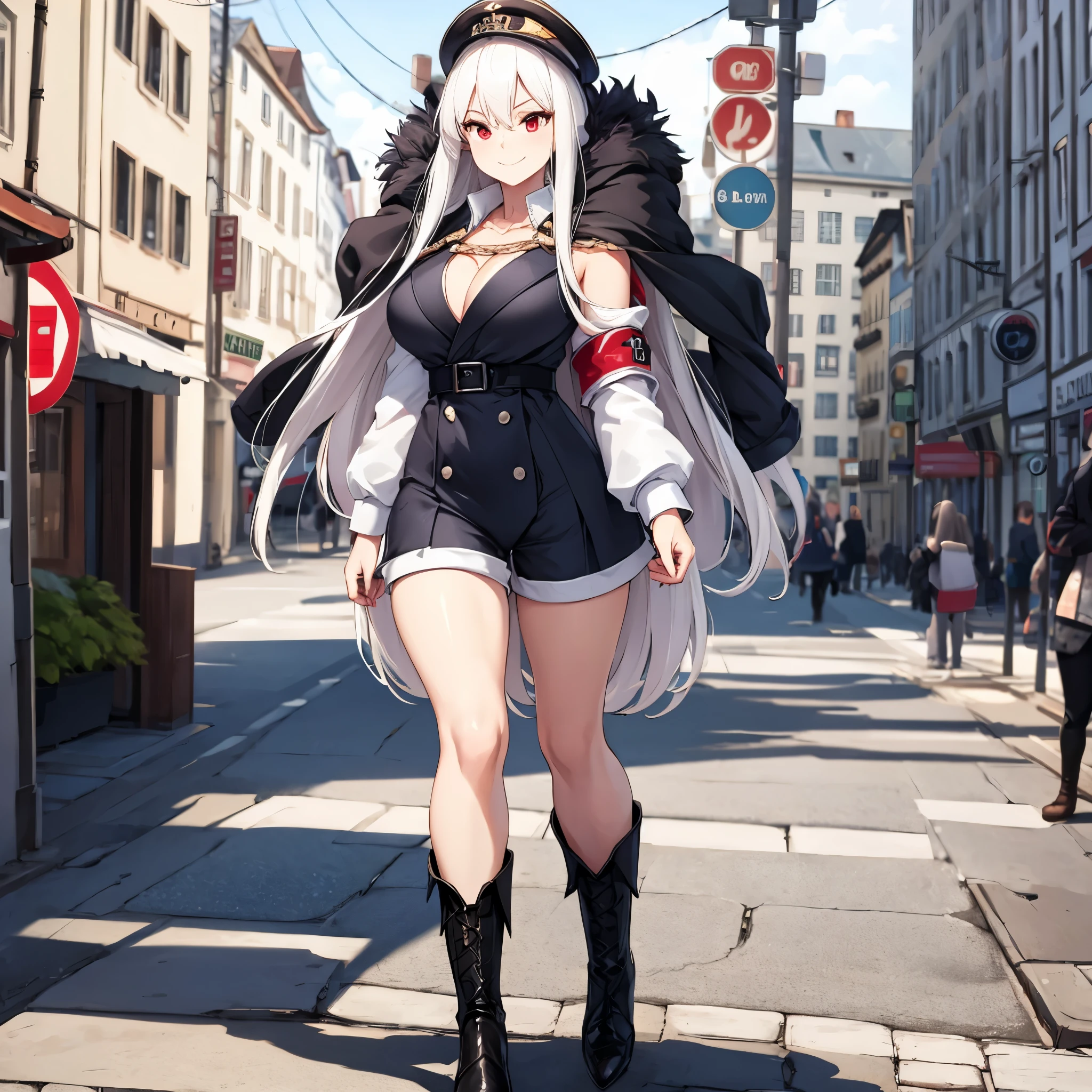 A woman wearing a casual white shirt, wearing black shorts, black leather boots, long white hair, red eyes, smiling, big breasts, walking on a sidewalk in a very sophisticated, traditional German city, daytime,UHD, masterpiece, accurate, anatomically correct, textured skin, super detail, high quality, best quality, 8k, high resolution, bokeh effect.( solo woman)
