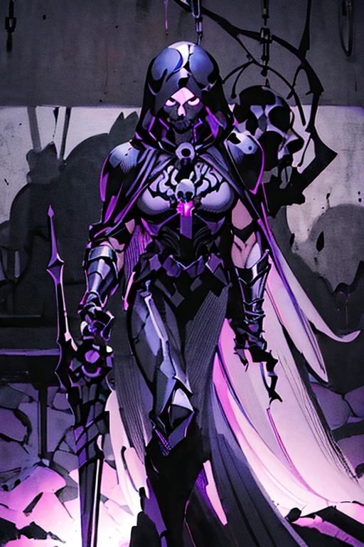 (realistic illustration:1.3),((dark fantasy:1.4)),Shadow skeleton crusader. ((black skull face:1.3)), Hooded shadow wraith in black battle armor, (glowing violet eyes:1.2), (cross pendant:1.3). Tall, imposing. brandishing black great sword in purple flames. masterpiece