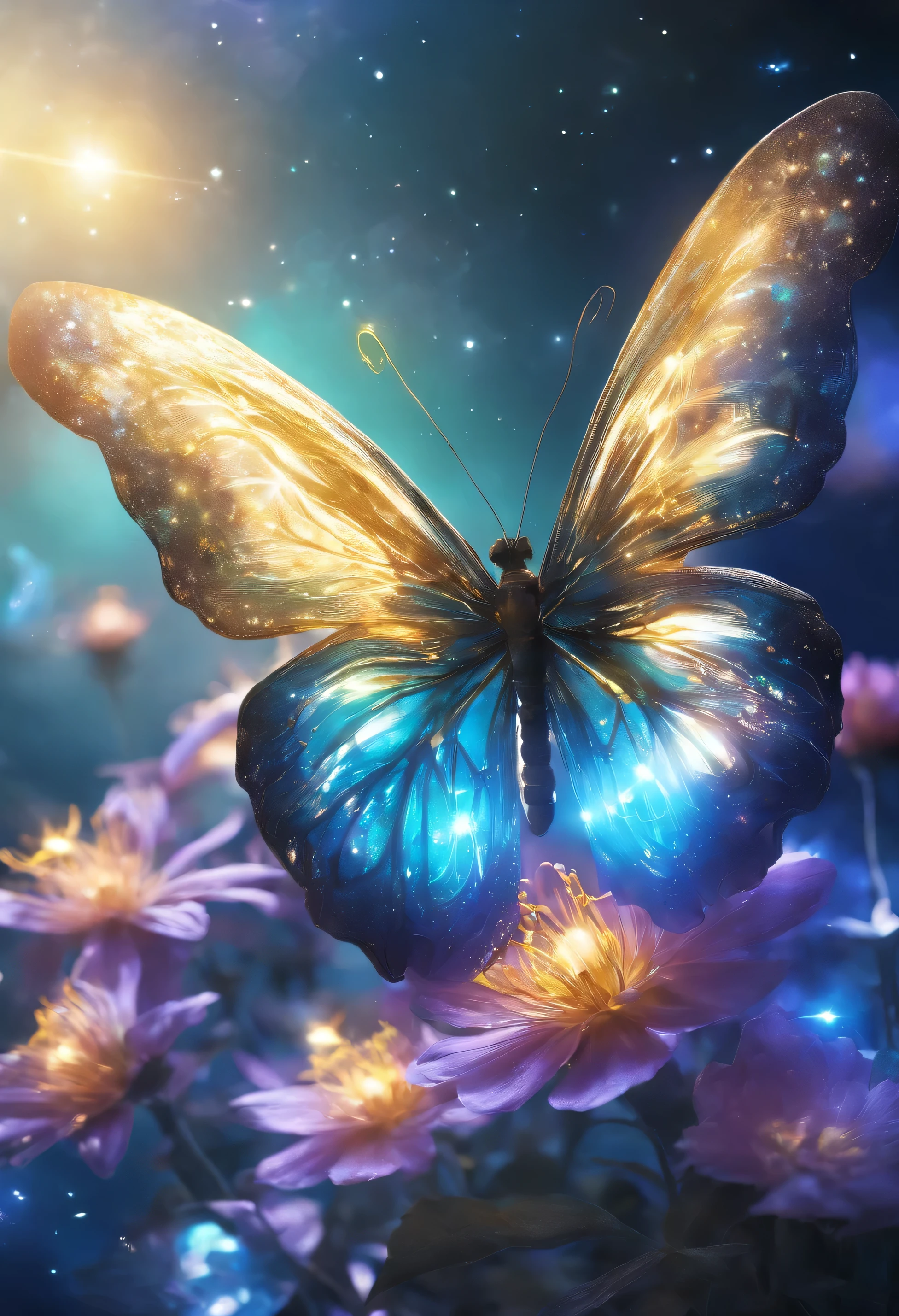 Photo of magical blue-green-gold energy radiating from a peaceful garden. The elegant butterfly dances, Their wings shone with golden light, When the charming flowers bloom, Exudes a sense of wonder and fantasy.