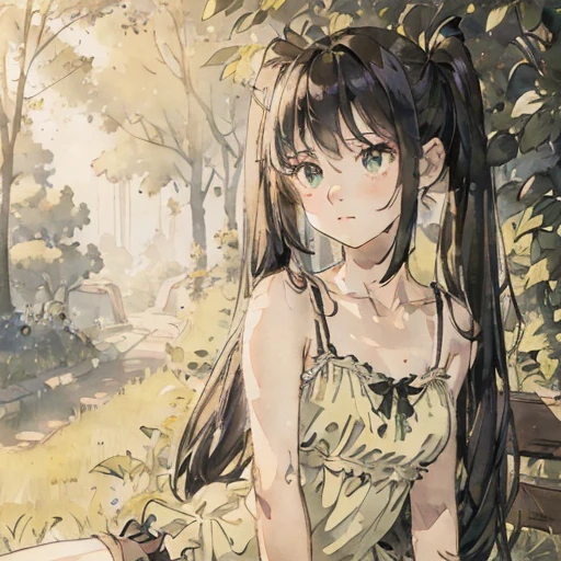 a girl sitting on a bench, wearing a camisole, long black twin tails, thigh-high socks, cinematic lighting, highly detailed, photorealistic, 8k, extremely detailed face and eyes, gorgeous, elegant, beautiful, serene, peaceful, natural setting, lush green garden, sunlight filtering through trees, soft shadows, warm color tones, dreamlike, ethereal