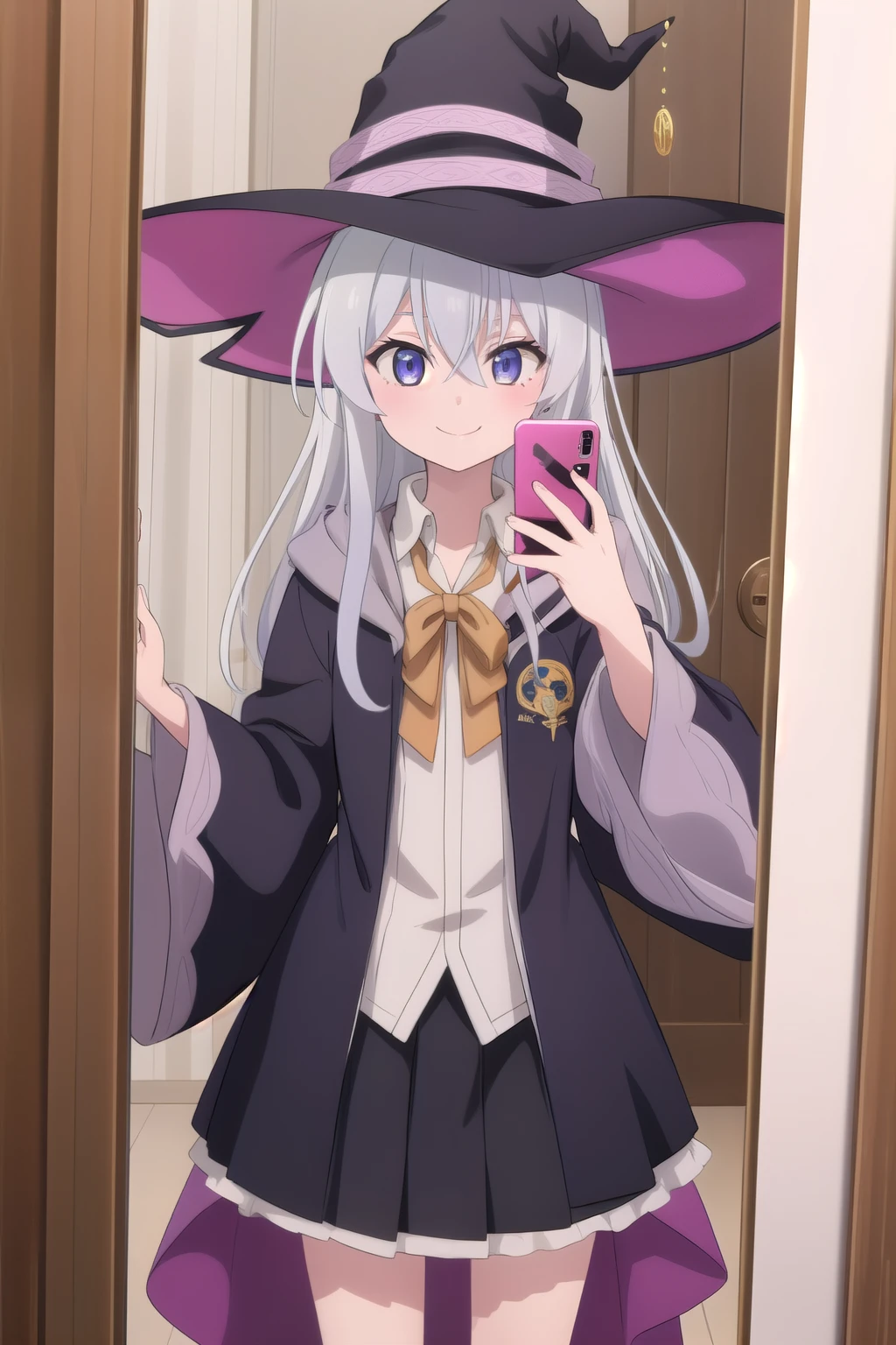 Masterpiece, hd
elaina, witch, wizard, elaina \(majo no tabitabi\), cosplay, 1girl, solo,
open robe, collared shirt, long sleeves, wide sleeves, pleated skirt, witch hat, bowtie, frilled skirt,
jewelry, badge, smile
long hair, bangs, hair between eyes, grey hair, hair ribbon, hair bow,
looking at viewer, cowboy shot, standing,
Indoor, mirror, mirror selfie, selfie, iPhone