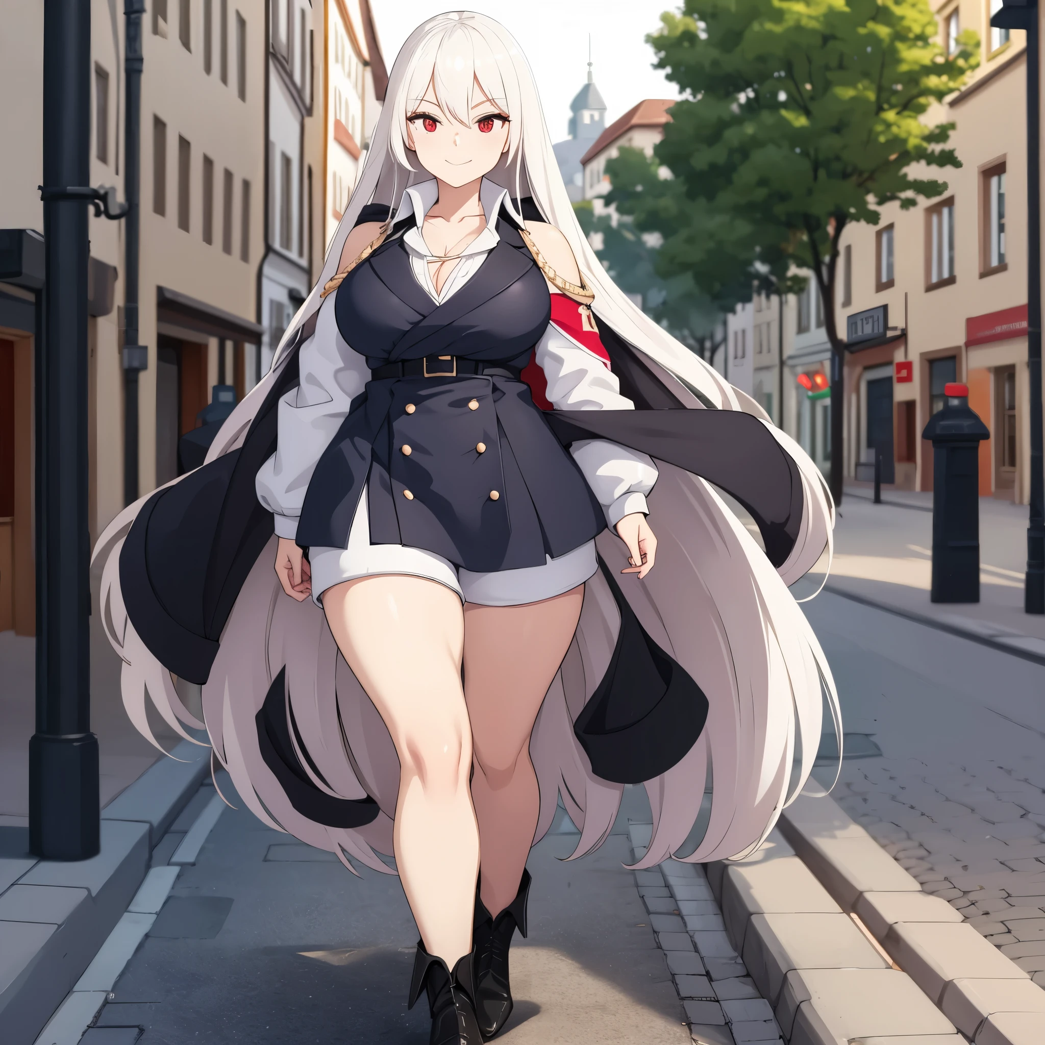 A woman wearing a casual white shirt, wearing black shorts, black leather boots, long white hair, red eyes, smiling, big breasts, walking on a sidewalk in a very sophisticated, traditional German city, daytime,UHD, masterpiece, accurate, anatomically correct, textured skin, super detail, high quality, best quality, 8k, high resolution, bokeh effect.( solo woman)
