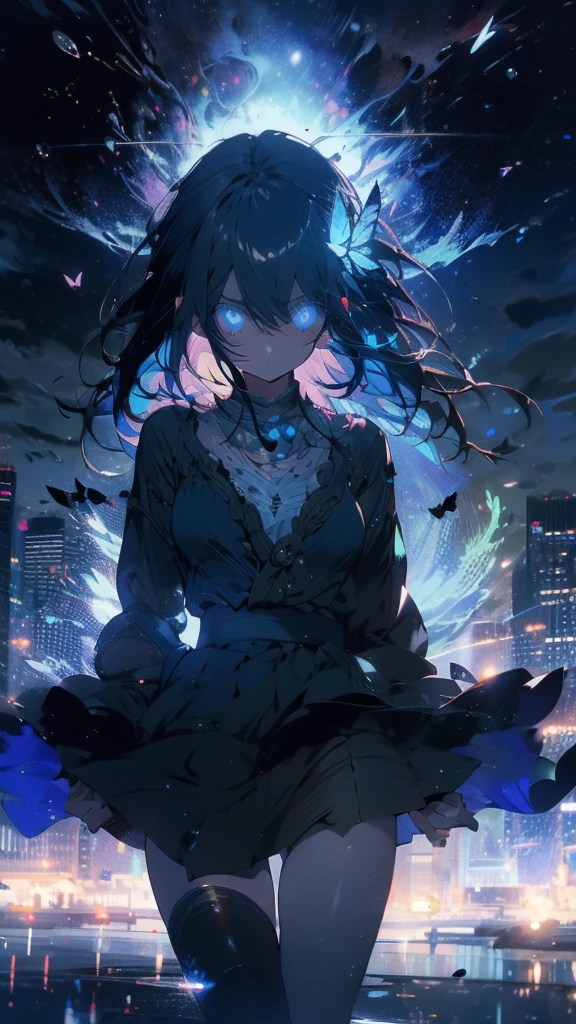 1 anime girl, alone,,Black petals flutter, A mysteriously shining butterfly.city,thin legs,Gloomy cloudy sky,sad expression,very clear,highest quality,city,standing on the street corner,clear blue eyes,,close up of face,water,walking morning city