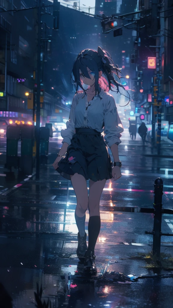 1 anime girl, alone,,Black petals flutter, A mysteriously shining butterfly.city,thin legs,Gloomy cloudy sky,sad expression,very clear,highest quality,city,standing on the street corner,clear blue eyes,,close up of face,water,walking morning city