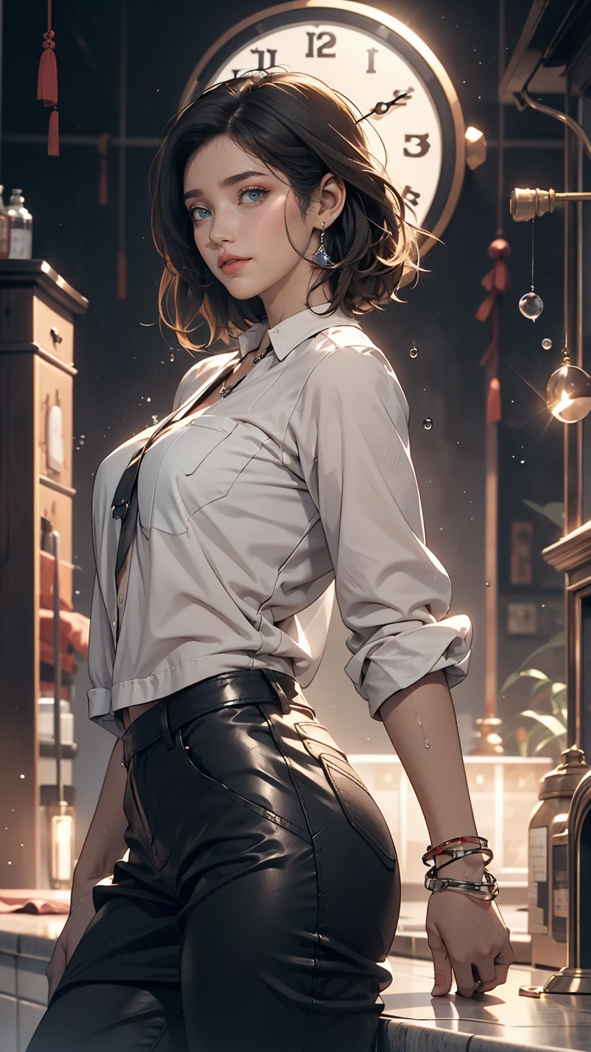 masterpiece, highest quality, Super detailed),(One girl), blue eyes, short hair, Brunette, Dynamic Angle, Dynamic pose, Natural light, floating, (Color Top:1.2|Black Top), (Tight Skirt:1.2|Leather pants:0.9), (Silver Bracelet:1.2|clock), (Natural background:0.8| Cityscape), (smile:0.8| Serious expression), (Light in the hair), lots of water droplets:0.8