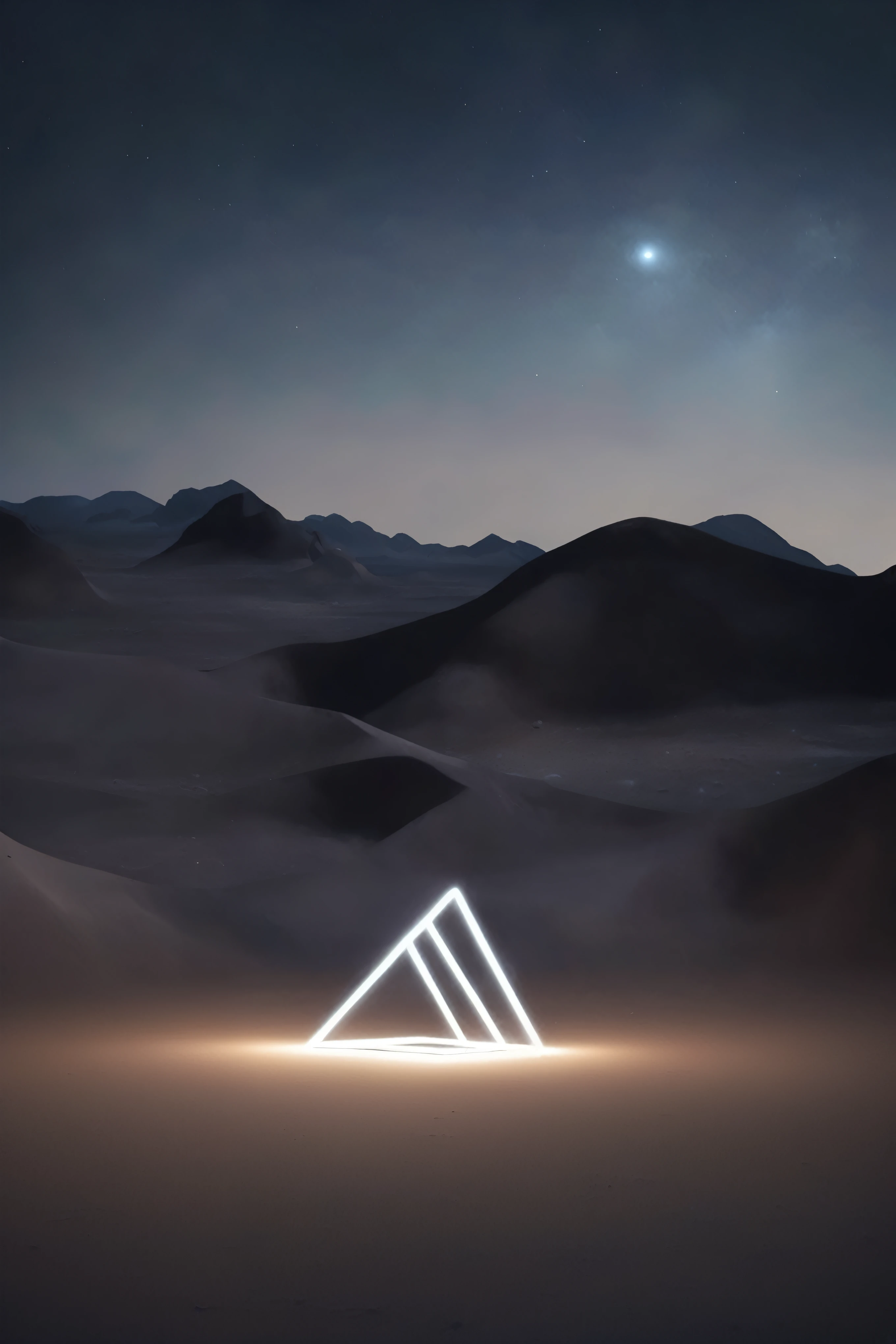 A vast desert at night with floating geometric light objects, creating a surreal and serene atmosphere. Inspired by Reuben Wu's use of artificial light in natural settings. Cinematic aspect ratio.