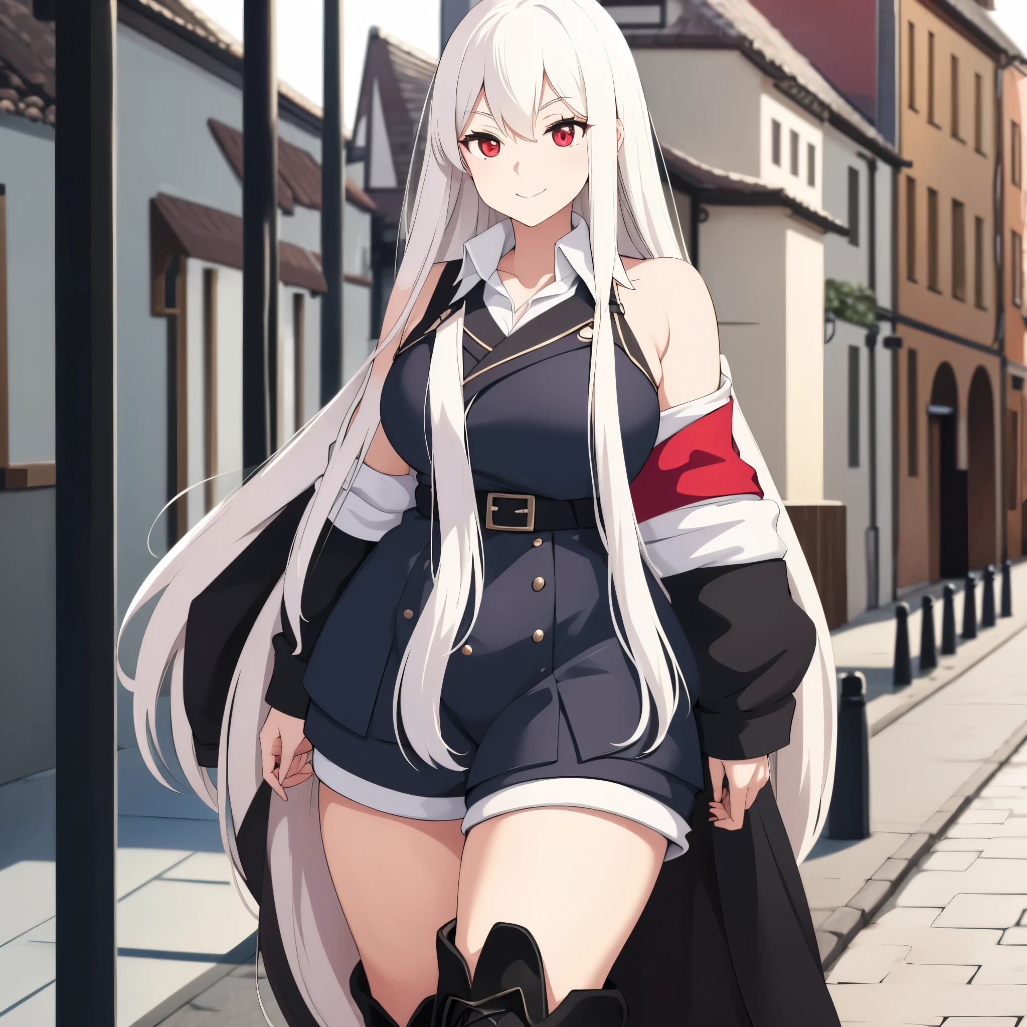 A woman wearing a casual white shirt, wearing black shorts, black leather boots, long white hair, red eyes, smiling, big breasts, walking on a sidewalk in a very sophisticated, traditional German city, daytime,UHD, masterpiece, accurate, anatomically correct, textured skin, super detail, high quality, best quality, 8k, high resolution, bokeh effect.( solo woman)
