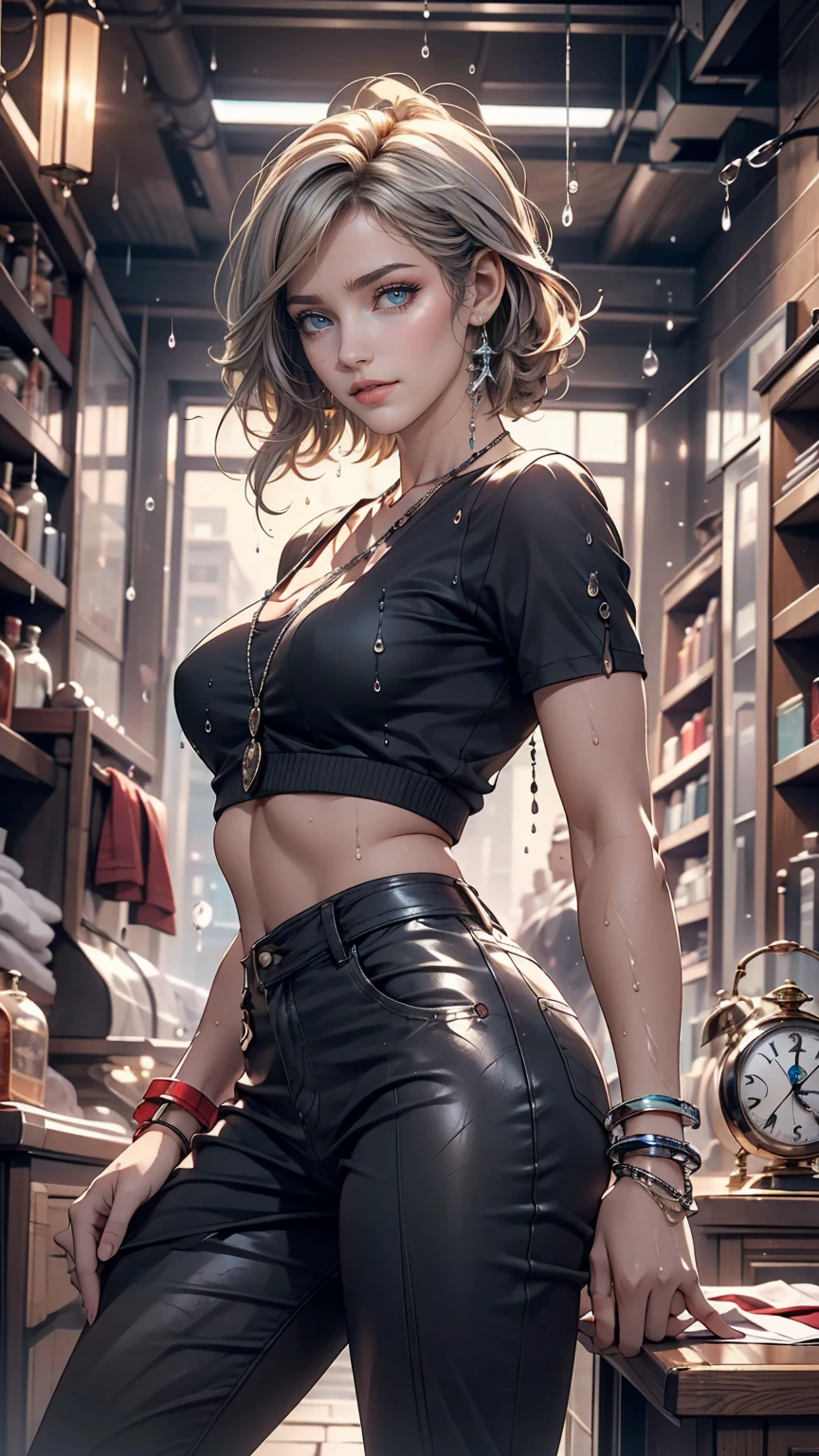 masterpiece, highest quality, Super detailed),(One girl), blue eyes, short hair, Brunette, Dynamic Angle, Dynamic pose, Natural light, floating, (Color Top:1.2|Black Top), (Tight Skirt:1.2|Leather pants:0.9), (Silver Bracelet:1.2|clock), (Natural background:0.8| Cityscape), (smile:0.8| Serious expression), (Light in the hair), lots of water droplets:0.8