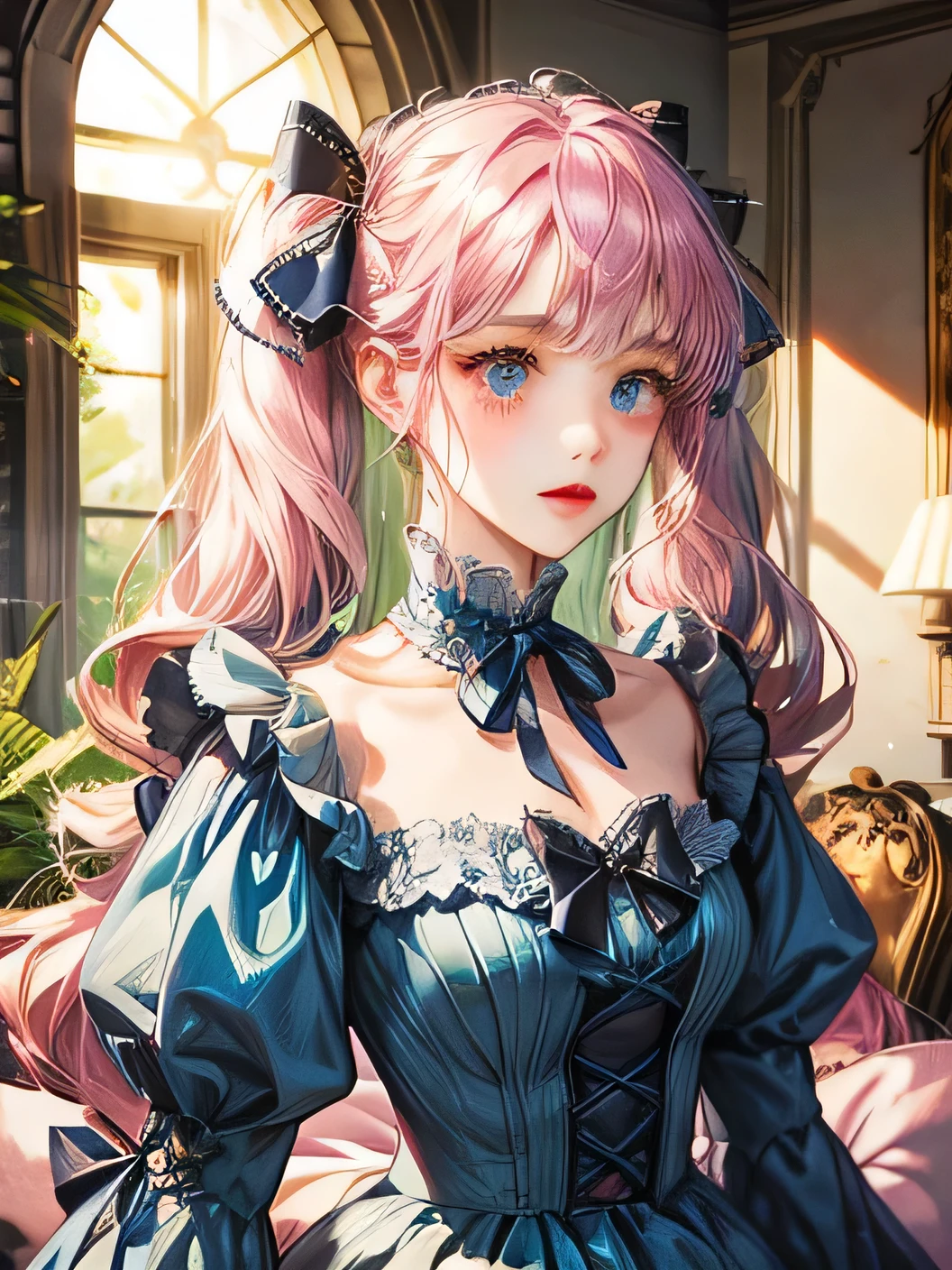 ta、Wearing a blue ribbon、Pink Hair、Fluffy hair、The whole body enters、No background、Twin tails、Blue dress