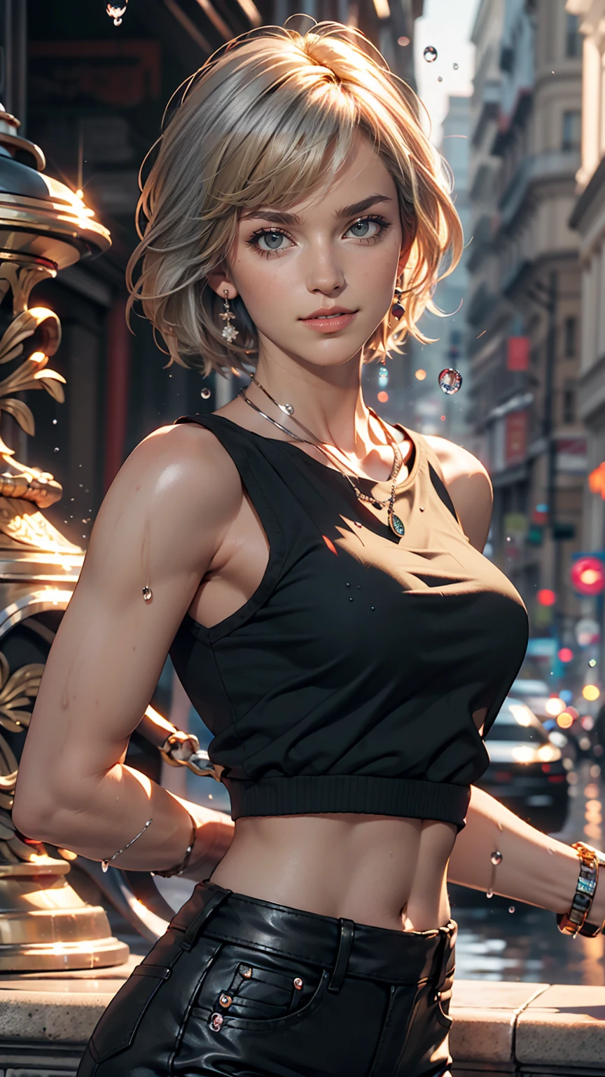 masterpiece, highest quality, Super detailed),(One girl), blue eyes, short hair, Brunette, Dynamic Angle, Dynamic pose, Natural light, floating, (Color Top:1.2|Black Top), (Tight Skirt:1.2|Leather pants:0.9), (Silver Bracelet:1.2|clock), (Natural background:0.8| Cityscape), (smile:0.8| Serious expression), (Light in the hair), lots of water droplets:0.8