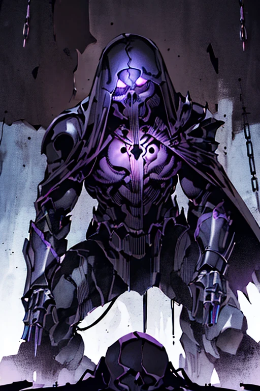 (realistic illustration:1.3),((dark fantasy:1.4)),Shadow skeleton crusader. ((black skull face:1.3)), Hooded shadow wraith in black battle armor, (glowing violet eyes:1.2), (cross pendant:1.3). Tall, imposing. With his raven companion. masterpiece