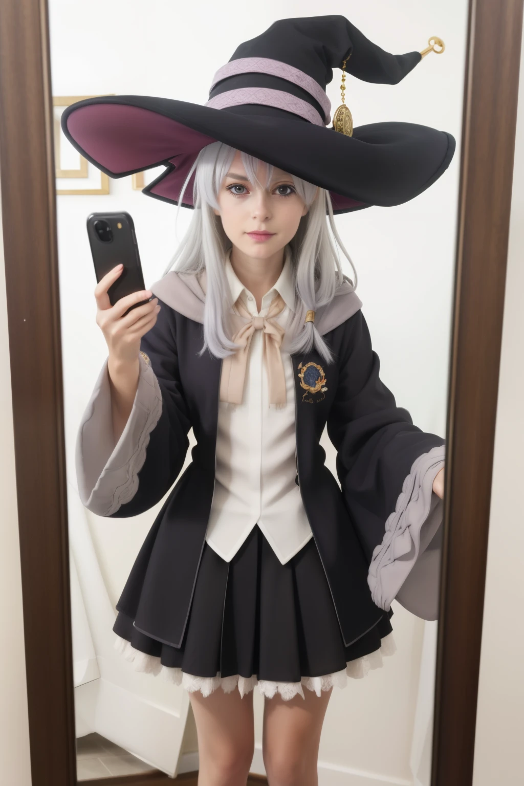 Masterpiece, hd, realistic 
elaina, witch, wizard, elaina \(majo no tabitabi\), cosplay, 1girl, solo, 
open robe, collared shirt, long sleeves, wide sleeves, pleated skirt, witch hat, bowtie, frilled skirt, 
jewelry, badge, 
long hair, bangs, hair between eyes, grey hair, hair ribbon, hair bow, 
looking at viewer, cowboy shot, standing, 
Indoor, mirror, mirror selfie, selfie, holding phone, iPhone, (mirror selfie:1.2)