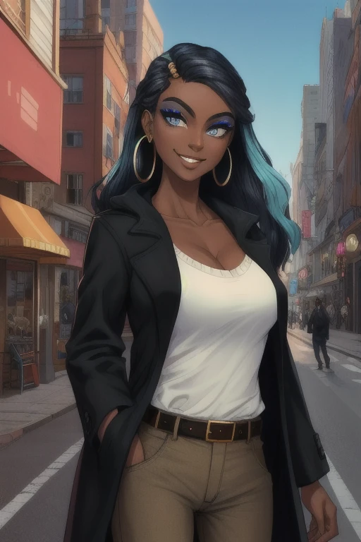 masterpiece, best quality, (Detailed face:1.2), (Detailed eyes:1.2), solo, 1girl, nessacasual, dark skin, makeup, smile, Opened black coat, white undershirt, brown pants, belt, hoop earrings, collarbone exposed, cleavage, outdoors, city street