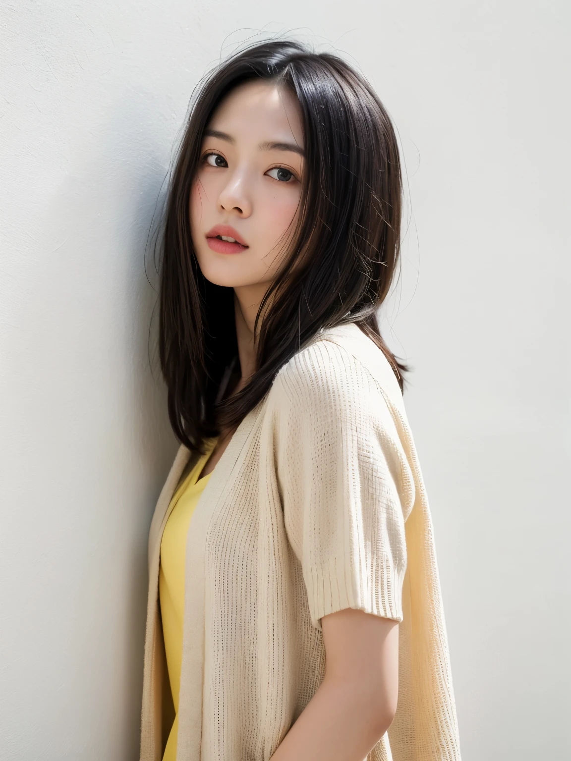 Fashionable short sleeves、Put a cardigan over your shoulders、Silky Hair、30-year-old woman(背景にWhite wall、Some of her hair is yellow:1.4)、White wall、In front of the white door、(窓のあるWhite wallの部屋)、((highest quality、8k、masterpiece:1.3))、Ultra-high resolution、(photoGenuineistic:1.4)、RAW Photos、Japanese,(detailed aspects)、Genuine、Photographed in natural light、Highly detailed face and skin texture、Highly detailed lips、The correct state of the human body、Medium Hair、Black Hair、Mr.々A pose、Natural color lip、Shiny Hair、Don&#39;Don&#39;t look at the camera