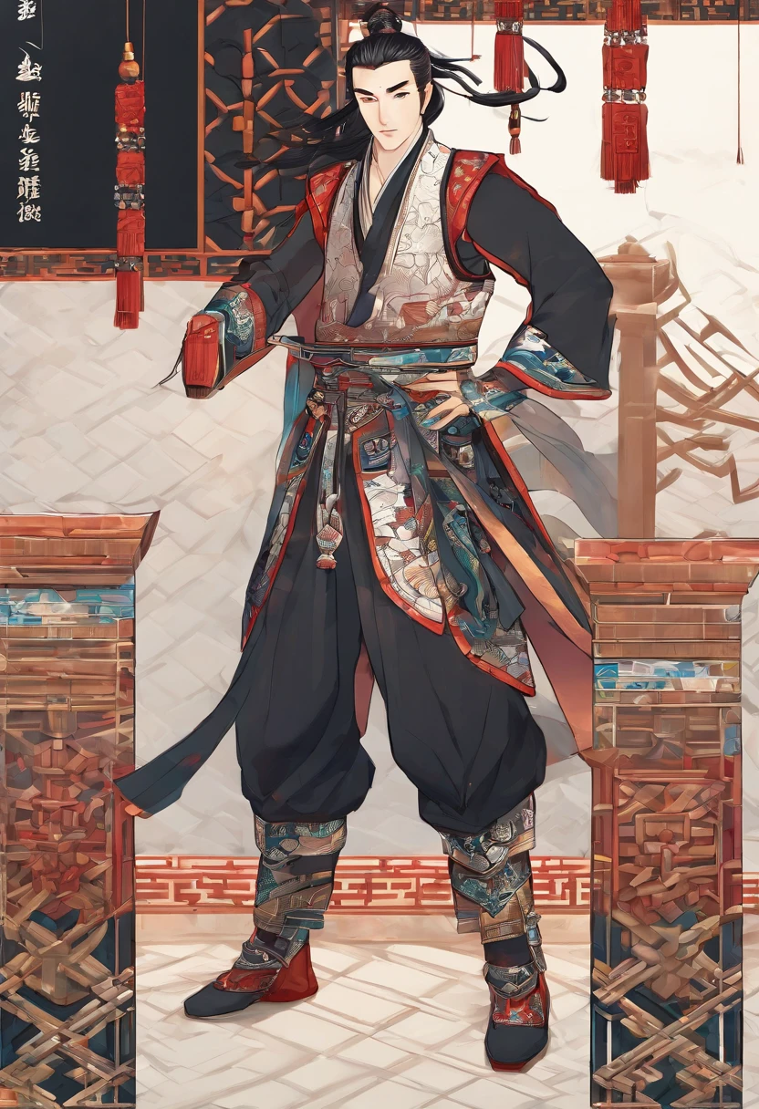 Ancient Chinese man in armor、Clever man、Looking into the camera、His hair is in a bun、Only one topknot、Black Hair、Stand and pose、Pixel art、(masterpiece, highest quality, highest quality), pixel,pixel art,whole body,Characters in Romance of the Three Kingdoms、Transform、Short Deformation、The head is decorated with white embroidery...、Handsome man in trousers