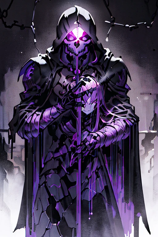 (realistic illustration:1.3),((dark fantasy:1.4)),Shadow skeleton crusader. ((black skull face:1.3)), Hooded shadow wraith in black battle armor, (glowing violet eyes:1.2), (cross pendant:1.3). Tall, imposing. With his raven companion. masterpiece