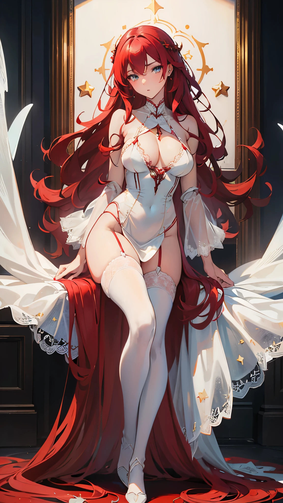 ((masterpiece, best quality)), Delicate face，Mage，Full body painting，Perfect body proportions，Large Breasts，Long legs，red hair，Long wavy hair，beautiful eyes，Fantasy style，Extremely beautiful，White background，Extremely beautiful，flame，magic，transparent，Sexy Lingerie，Lace，Garter stockings，exposed，Star decoration