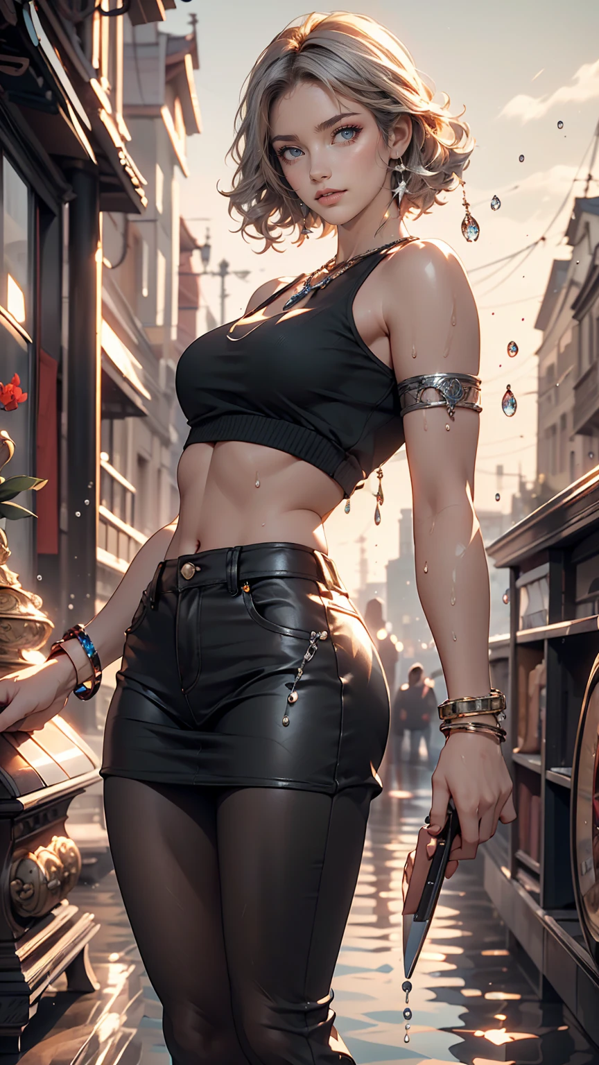 masterpiece, highest quality, Super detailed),(One girl), blue eyes, short hair, Brunette, Dynamic Angle, Dynamic pose, Natural light, floating, (Color Top:1.2|Black Top), (Tight Skirt:1.2|Leather pants:0.9), (Silver Bracelet:1.2|clock), (Natural background:0.8| Cityscape), (smile:0.8| Serious expression), (Light in the hair), lots of water droplets:0.8