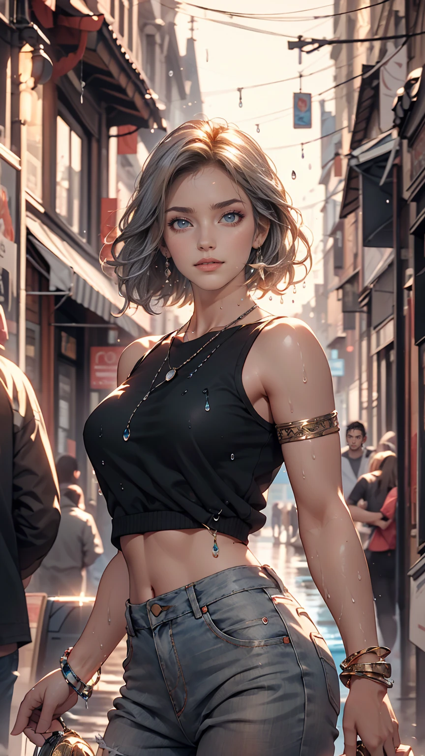 masterpiece, highest quality, Super detailed),(One girl), blue eyes, short hair, Brunette, Dynamic Angle, Dynamic pose, Natural light, floating, (Color Top:1.2|Black Top), (Tight Skirt:1.2|Leather pants:0.9), (Silver Bracelet:1.2|clock), (Natural background:0.8| Cityscape), (smile:0.8| Serious expression), (Light in the hair), lots of water droplets:0.8