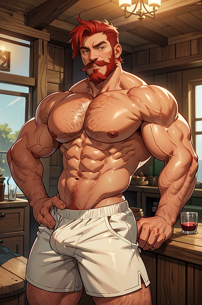 Robust man, muscular body, short wavy red hair, masculine face, red mustache, rustic appearance, green eyes, sensual smile, huge hairy chest, huge biceps, hairy body, freckles on his face, oily and shiny skin. He is standing in the living room with a glass of wine in his left hand, with a bare back and short white and transparent shorts and with a huge bulge in his groin.
