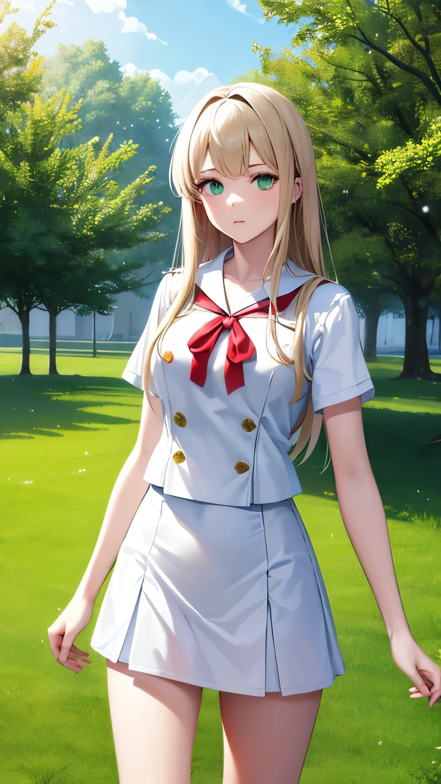 best quality, super fine, 16k, incredibly absurdres, extremely detailed, delicate and dynamic, cute 18-year-old female student, with slightly absent-minded expression, straight ivory hair, green eyes, tall and slender, wearing ivory summer wool vest, white short-sleeved shirt, navy blue uniform miniskirt, red ribbon around her neck, background park covered in grass, fresh image effects